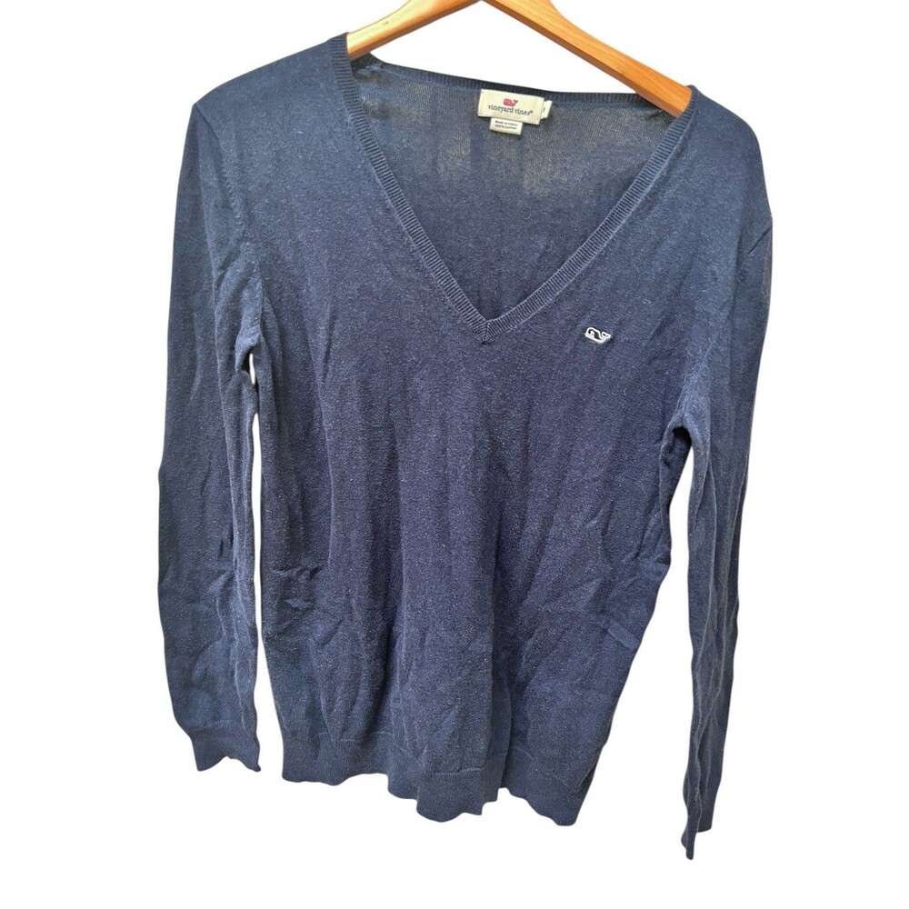 Vineyard Vines Womens Blue V Neck Stretch Pullover Sweater Size M Cotton